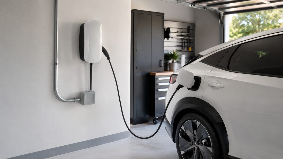Level 2 EV charger installed on a garage wall, charging a white electric SUV
