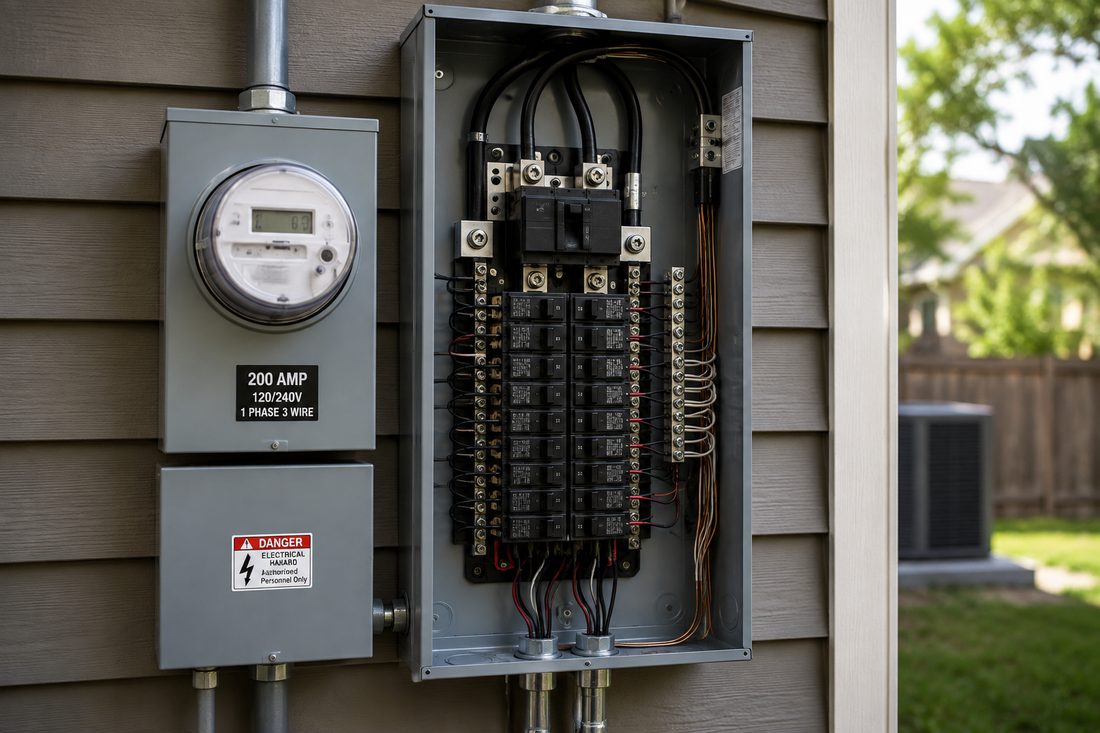 200-amp electrical panel upgrade with new meter base on a residential home